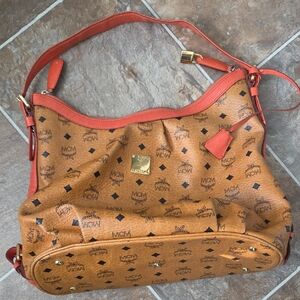 MCM Cognac Visetos Monogram Shoulder Bag with Orange Trim